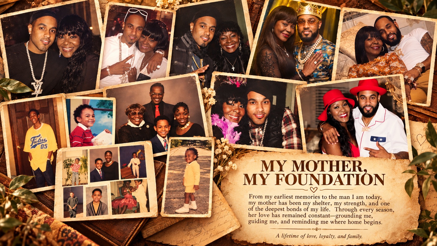 Designed family memory collage; original childhood and family photographs appear individually below