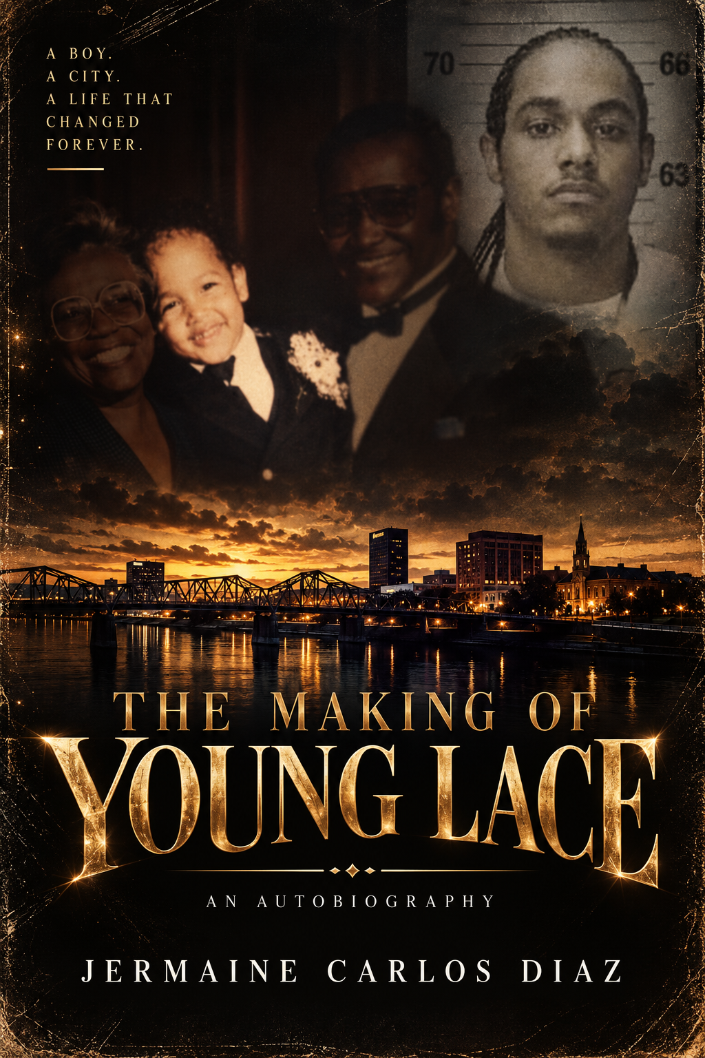 Cover art for The Making of Young Lace, featuring a childhood portrait, archival portrait, and Fort Smith-inspired skyline