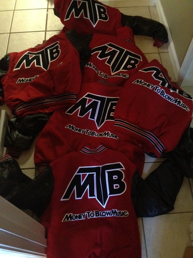 Money To Blow Music Group branded red and black varsity jackets