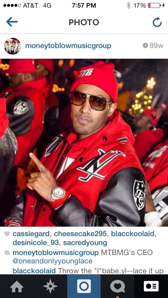Young Lace in Money To Blow Music Group red varsity jacket, archival promotional photograph