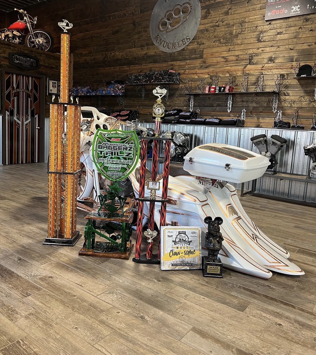 Collection of custom-bike show trophies