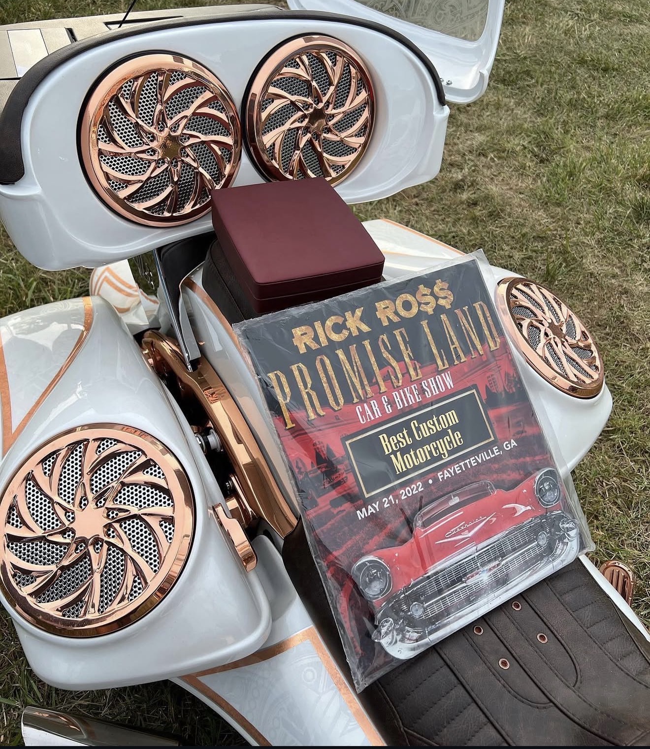 Jermaine Carlos Diaz Young Lace POWER OUTAGE Best Custom Motorcycle award at Rick Ross Promise Land Car and Bike Show, May 21, 2022