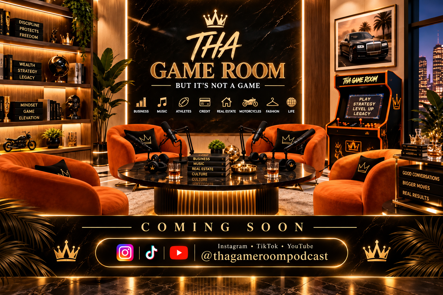 THA GAME ROOM coming soon artwork featuring Instagram TikTok and YouTube handle @thagameroompodcast